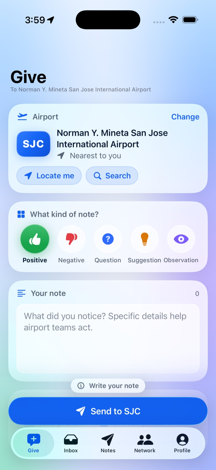 The Give screen, with the nearest airport picked, five kinds of note and a large Send button.