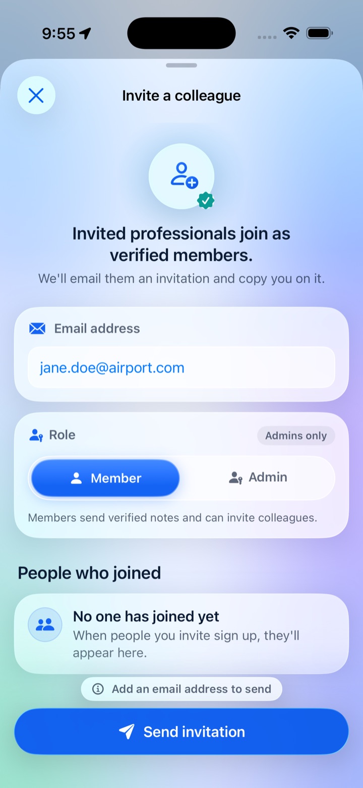 The Invite a colleague sheet, with an email field, a Member or Admin role choice and a Send invitation button.