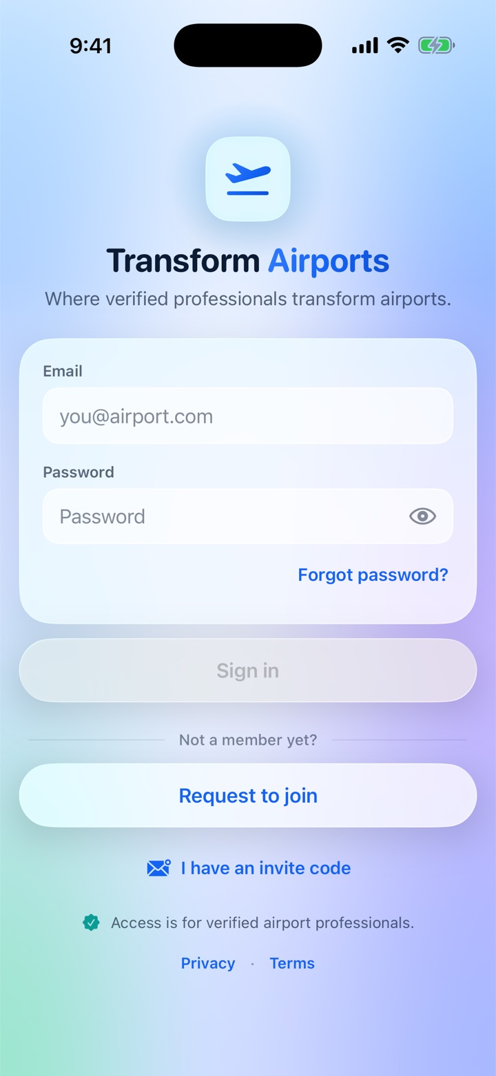 The Transform Airports sign-in screen, with email and password fields, a Request to join button and an I have an invite code link.